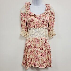 Free People Womens Lucie Mini Dress Size 4 Pink Cream Puff Sleeve Lace Peekaboo